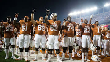 AUSTIN, TX - OCTOBER 15: The Texas Longhorns celebrate after defeating the Iowa State Cyclones 27-6 on October 15, 2016 at Darrell K Royal-Texas Memorial Stadium in Austin, Texas. (Photo by Cooper Neill/Getty Images)