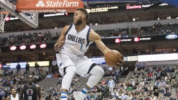 Nov 23, 2016; Dallas, TX, USA; Dallas Mavericks guard Justin Anderson (1) leaps to keep the ball in bounds during the second half against the LA Clippers at the American Airlines Center. The Clippers defeat the Mavericks 124-104. Mandatory Credit: Jerome Miron-USA TODAY Sports