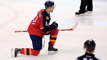 Mar 7, 2015; Sunrise, FL, USA; Florida Panthers center Jonathan Huberdeau (11) celebrates his goal against the New York Islanders in the third period at BB&T Center. Mandatory Credit: Robert Mayer-USA TODAY Sports