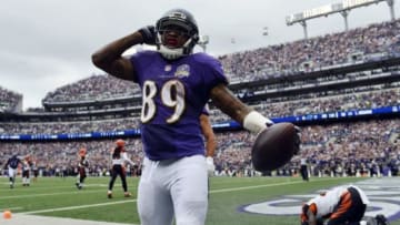 Sep 27, 2015; Baltimore, MD, USA; ) Baltimore Ravens wide receiver Steve Smith (89) celebrates after hits touchdown during the third quarter against the Cincinnati Bengals at M&T Bank Stadium. Mandatory Credit: Tommy Gilligan-USA TODAY Sports