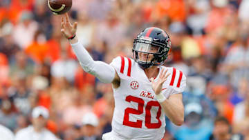 AUBURN, AL - OCTOBER 07: Shea Patterson #20 of the Mississippi Rebels passes against the Auburn Tigers at Jordan Hare Stadium on October 7, 2017 in Auburn, Alabama. (Photo by Kevin C. Cox/Getty Images)