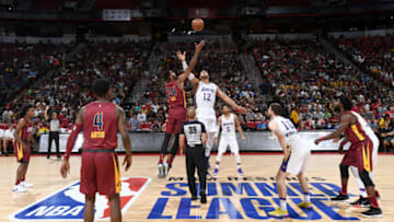 LAS VEAGS, NV - JULY 16: Marcus Lee #24 of the Cleveland Cavaliers and Jeff Ayres #12 of the Los Angeles Lakers jump for possession of the ball during the 2018 Las Vegas Summer League on July 16, 2018 at the Thomas & Mack Center in Las Vegas, Nevada. NOTE TO USER: User expressly acknowledges and agrees that, by downloading and/or using this Photograph, user is consenting to the terms and conditions of the Getty Images License Agreement. Mandatory Copyright Notice: Copyright 2018 NBAE (Photo by Garrett Ellwood/NBAE via Getty Images)