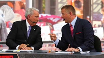 Sep 5, 2015; Fort Worth, TX, USA; Lee Corso and Kirk Herbstreit during the live broadcast of ESPN College GameDay at Sundance Square. Mandatory Credit: Ray Carlin-USA TODAY Sports