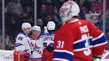 MONTREAL, QC - NOVEMBER 23: Brendan Lemieux #48 of the New York Rangers celebrates with teammates after scoring his second goal of the night against the Montreal Canadiens in the NHL game at the Bell Centre on November 23, 2019 in Montreal, Quebec, Canada. (Photo by Francois Lacasse/NHLI via Getty Images)