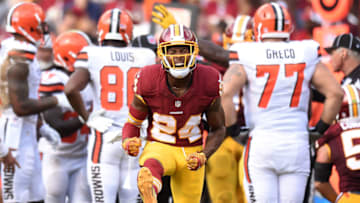 LANDOVER, MD - OCTOBER 2: Cornerback Josh Norman #24 of the Washington Redskins reacts after a play against the Cleveland Browns in the fourth quarter at FedExField on October 2, 2016 in Landover, Maryland. (Photo by Mitchell Layton/Getty Images)
