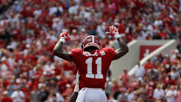 TUSCALOOSA, AL - SEPTEMBER 08: Henry Ruggs III #11 of the Alabama Crimson Tide reacts after scoring a touchdown against the Arkansas State Red Wolves at Bryant-Denny Stadium on September 8, 2018 in Tuscaloosa, Alabama. (Photo by Kevin C. Cox/Getty Images)
