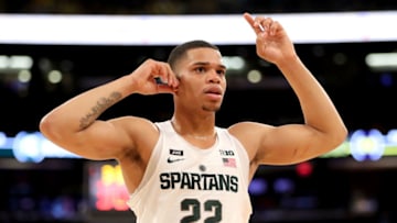 NEW YORK, NY - MARCH 03: Miles Bridges #22 of the Michigan State Spartans reacts in the first half against the Michigan Wolverines during semifinals of the Big 10 Basketball Tournament at Madison Square Garden on March 3, 2018 in New York City. (Photo by Abbie Parr/Getty Images)