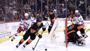 PHILADELPHIA, PENNSYLVANIA - DECEMBER 17: Travis Konecny #11 of the Philadelphia Flyers skates with the puck against the New York Rangers at Wells Fargo Center on December 17, 2022 in Philadelphia, Pennsylvania. (Photo by Tim Nwachukwu/Getty Images)