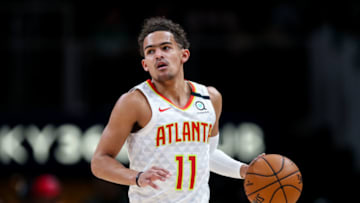 ATLANTA, GA - FEBRUARY 3: Trae Young #11 of the Atlanta Hawks controls the ball during a game against the Boston Celtics at State Farm Arena on February 3, 2020 in Atlanta, Georgia. NOTE TO USER: User expressly acknowledges and agrees that, by downloading and or using this photograph, User is consenting to the terms and conditions of the Getty Images License Agreement. (Photo by Carmen Mandato/Getty Images)