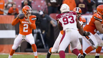 Nov 1, 2015; Cleveland, OH, USA; Cleveland Browns quarterback Johnny Manziel (2) looks down field for a pass during the fourth quarter against the Arizona Cardinals at FirstEnergy Stadium. The Cardinals defeated the Browns 34-20. Mandatory Credit: Scott R. Galvin-USA TODAY Sports