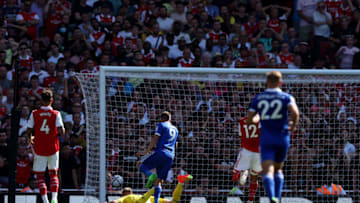 LONDON, ENGLAND - AUGUST 13: William Saliba of Arsenal scores an own goal and Leicesters first goal during the Premier League match between Arsenal FC and Leicester City at Emirates Stadium on August 13, 2022 in London, England. (Photo by Julian Finney/Getty Images)
