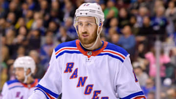 VANCOUVER, BC - FEBRUARY 28: New York Rangers Center Kevin Hayes (13) waits for a face-off during their NHL game against the Vancouver Canucks at Rogers Arena on February 28, 2018 in Vancouver, British Columbia, Canada. New York won 6-5. (Photo by Derek Cain/Icon Sportswire via Getty Images)