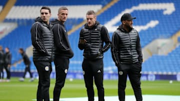 CARDIFF, WALES - NOVEMBER 03: Andy King of Leicester City speaks to Jamie Vardy of Leicester City on the pitch prior to the Premier League match between Cardiff City and Leicester City at Cardiff City Stadium on November 3, 2018 in Cardiff, United Kingdom. (Photo by Richard Heathcote/Getty Images)