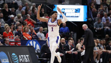 SALT LAKE CITY, UTAH - MARCH 21: Dedric Lawson #1 of the Kansas Jayhawks reacts during the first half against the Northeastern Huskies in the first round of the 2019 NCAA Men's Basketball Tournament at Vivint Smart Home Arena on March 21, 2019 in Salt Lake City, Utah. (Photo by Patrick Smith/Getty Images)