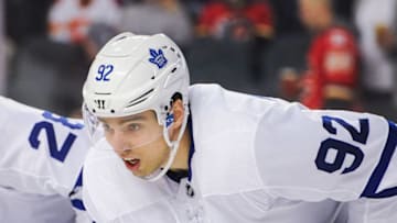 CALGARY, AB - MARCH 4: Igor Ozhiganov #92 of the Toronto Maple Leafs in action against the Calgary Flames during an NHL game at Scotiabank Saddledome on March 4, 2019 in Calgary, Alberta, Canada. (Photo by Derek Leung/Getty Images)