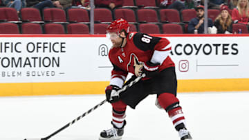 GLENDALE, ARIZONA - NOVEMBER 07: Phil Kessel #81 of the Arizona Coyotes skates the puck up ice against the Columbus Blue Jackets at Gila River Arena on November 07, 2019 in Glendale, Arizona. (Photo by Norm Hall/NHLI via Getty Images)