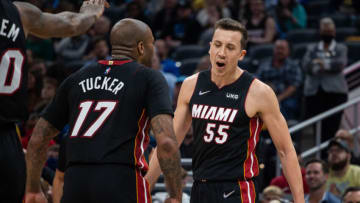 Miami Heat guard Duncan Robinson (55) celebrates an and one with forward P.J. Tucker (17)(Trevor Ruszkowski-USA TODAY Sports)