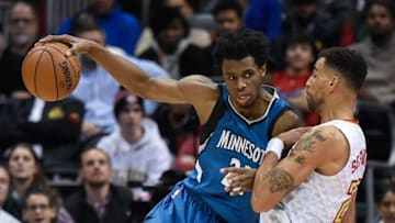 Dec 21, 2016; Atlanta, GA, USA; Minnesota Timberwolves forward Andrew Wiggins (22) works against the defense of Atlanta Hawks forward Thabo Sefolosha (25) during the second half at Philips Arena. The Timberwolves defeated the Hawks 92-84. Mandatory Credit: Dale Zanine-USA TODAY Sports