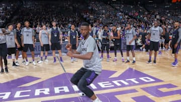 SACRAMENTO, CA - OCTOBER 15: Harry Giles #20 of the Sacramento Kings dances at the Sacramento Kings Fan Fest on October 15, 2017 at Golden 1 Center in Sacramento, California. NOTE TO USER: User expressly acknowledges and agrees that, by downloading and/or using this Photograph, user is consenting to the terms and conditions of the Getty Images License Agreement. Mandatory Copyright Notice: Copyright 2017 NBAE (Photo by Rocky Widner/NBAE via Getty Images)