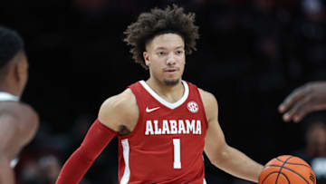 PORTLAND, OR - NOVEMBER 24: Mark Sears #1 of the Alabama Crimson Tide brings the ball up court during the game against the Michigan State Spartans at Moda Center on November 24, 2022 in Portland, Oregon. (Photo by Michael Hickey/Getty Images)