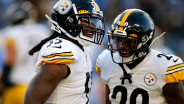 CARSON, CALIFORNIA - OCTOBER 13: Linebacker Devin Bush #55 and defensive back Kam Kelly #29 of the Pittsburgh Steelers react during the second quarter against the Los Angeles Chargers at Dignity Health Sports Park on October 13, 2019 in Carson, California. (Photo by Katharine Lotze/Getty Images)