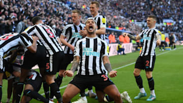NEWCASTLE UPON TYNE, ENGLAND - APRIL 02: Bruno Guimaraes of Newcastle United celebrates after teammate Joe Willock (not pictured) scores the teams first goal during the Premier League match between Newcastle United and Manchester United at St. James Park on April 02, 2023 in Newcastle upon Tyne, England. (Photo by Stu Forster/Getty Images)