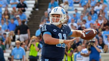 CHAPEL HILL, NC - OCTOBER 28: Nathan Elliott #11 of the North Carolina Tar Heels drops back to pass against the Miami Hurricanes during their game at Kenan Stadium on October 28, 2017 in Chapel Hill, North Carolina. Miami won 24-19. (Photo by Grant Halverson/Getty Images)