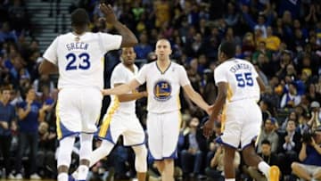 Feb 22, 2014; Oakland, CA, USA; Golden State Warriors guard Steve Blake (25) celebrates after a play against the Brooklyn Nets during the fourth quarter at Oracle Arena. The Golden State Warriors defeated the Brooklyn Nets 93-86. Mandatory Credit: Kelley L Cox-USA TODAY Sports