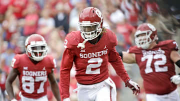 NORMAN, OK - SEPTEMBER 08: Wide receiver CeeDee Lamb #2 of the Oklahoma Sooners celebrates a touchdown against the UCLA Bruins at Gaylord Family Oklahoma Memorial Stadium on September 8, 2018 in Norman, Oklahoma. The Sooners defeated the Bruins 49-21. (Photo by Brett Deering/Getty Images)