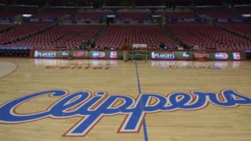 May 3, 2014; Los Angeles, CA, USA; General view of the Los Angeles Clippers logo on the court before game seven of the first round of the 2014 NBA Playoffs against the Golden State Warriors at Staples Center. Mandatory Credit: Kirby Lee-USA TODAY Sports