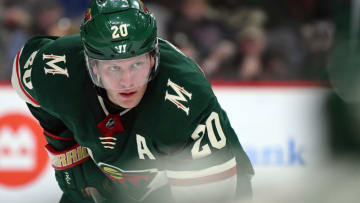 ST. PAUL, MN - JANUARY 13: Minnesota Wild Defenceman Ryan Suter (20) lines up during a NHL game between the Minnesota Wild and Winnipeg Jets on January 13, 2018 at Xcel Energy Center in St. Paul, MN. The Wild defeated the Jets 4-1.(Photo by Nick Wosika/Icon Sportswire via Getty Images)