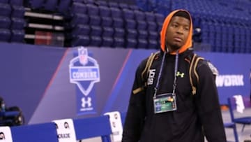 Feb 21, 2015; Indianapolis, IN, USA; Florida State Seminoles quarterback Jameis Winston arrives for his workout during the 2015 NFL Combine at Lucas Oil Stadium. Mandatory Credit: Brian Spurlock-USA TODAY Sports