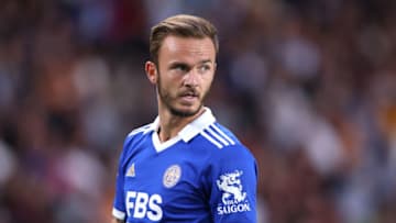 HULL, ENGLAND - JULY 20: James Maddison of Leicester City looks on during the Pre-Season Friendly between Hull City and Leicester City at MKM Stadium on July 20, 2022 in Hull, England. (Photo by George Wood/Getty Images)