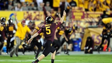 Nov 1, 2014; Tempe, AZ, USA; Arizona State Sun Devils place kicker Zane Gonzalez (5) celebrates after kicking the game winning 36 yard field goal during overtime to beat the Utah Utes 19-16 at Sun Devil Stadium. Mandatory Credit: Matt Kartozian-USA TODAY Sports