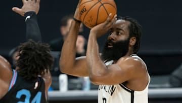 February 15, 2021; Sacramento, California, USA; Brooklyn Nets guard James Harden (13) shoots the basketball against Sacramento Kings guard Buddy Hield (24) during the first quarter at Golden 1 Center. Mandatory Credit: Kyle Terada-USA TODAY Sports