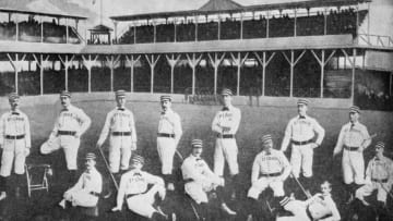 ST. LOUIS - 1884. The St. Louis Browns BBC from the American Association are posed in a photo collage inside old Sportsmans Park. The players are: standing Strief, McGinnis, O'Neill, Quest, Comiskey, Gleason, and Nichol. Seated are Wheeler, Latham, Davis, Dolan, Deasley, and Lewis. (Photo by Mark Rucker/Transcendental Graphics, Getty Images)