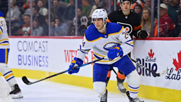 Mar 17, 2023; Philadelphia, Pennsylvania, USA; Buffalo Sabres center Dylan Cozens (24) in action against the Philadelphia Flyers in the third period at Wells Fargo Center. Mandatory Credit: Kyle Ross-USA TODAY Sports