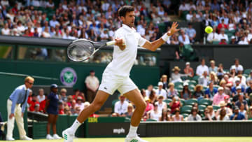 LONDON, ENGLAND - JULY 04: Novak Djokovic of Serbia plays a forehand during the Gentlemen's Singles first round match against Martin Klizan of Slovakia on day two of the Wimbledon Lawn Tennis Championships at the All England Lawn Tennis and Croquet Club on July 4, 2017 in London, England. (Photo by Michael Steele/Getty Images)