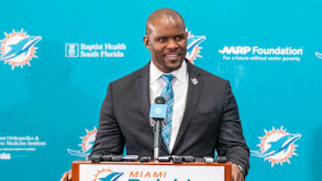 DAVIE, FL - FEBRUARY 04: Brian Flores speaks during a press conference as he is introduced as the new Head Coach of the Miami Dolphins at Baptist Health Training Facility at Nova Southern University on February 4, 2019 in Davie, Florida. (Photo by Mark Brown/Getty Images)
