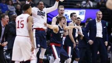 Mar 19, 2016; Denver , CO, USA; Gonzaga Bulldogs celebrate their 82-59 victory over Utah in the second round of the 2016 NCAA Tournament at Pepsi Center. Mandatory Credit: Isaiah J. Downing-USA TODAY Sports
