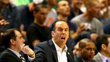 GREENSBORO, NC - MARCH 12: Mike Brey of Notre Dame Fighting Irish reacts against Wake Forest Demon Deacons during the first round of the 2014 Men's ACC Basketball Tournament at Greensboro Coliseum on March 12, 2014 in Greensboro, North Carolina. (Photo by Streeter Lecka/Getty Images)