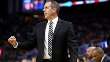SAN FRANCISCO, CALIFORNIA - OCTOBER 05: Head coach Frank Vogel of the Los Angeles Lakers stands on the side of the court during their game against the Golden State Warriors at Chase Center on October 05, 2019 in San Francisco, California. NOTE TO USER: User expressly acknowledges and agrees that, by downloading and or using this photograph, User is consenting to the terms and conditions of the Getty Images License Agreement. (Photo by Ezra Shaw/Getty Images)