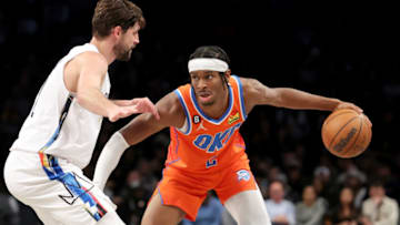 OKC Thunder guard Shai Gilgeous-Alexander (2) controls the ball against Brooklyn Nets forward Joe Harris (12): Brad Penner-USA TODAY Sports