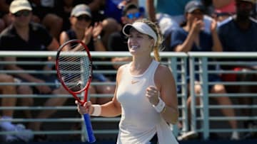 NEW YORK, NY - AUGUST 24: Eugenie Bouchard of Canada celebrates against Jamie Loeb of the United States during their round 3 women's singles qualifying match during the 2018 US Open at the USTA Billie Jean King National Tennis Center on August 24, 2018 in the Flushing neighborhood of the Queens borough of New York City. (Photo by Chris Trotman/Getty Images for USTA)