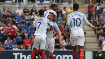 COLCHESTER, ENGLAND - SEPTEMBER 06: Nathaniel Chalobah of England is lifted into the air by team mate Calum Chambers after he scores their second goal during the UEFA European U21 Championship Qualifier Group 9 between England U21 and Norway U21 at Colchester Community Stadium on September 6, 2016 in Colchester, England. (Photo by Christopher Lee - The FA/The FA via Getty Images)