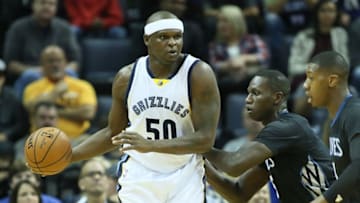 Nov 19, 2016; Memphis, TN, USA; Memphis Grizzlies forward Zach Randolph (50) drives against Minnesota Timberwolves center Gorgui Dieng (5) in the first half at FedExForum. Mandatory Credit: Nelson Chenault-USA TODAY Sports