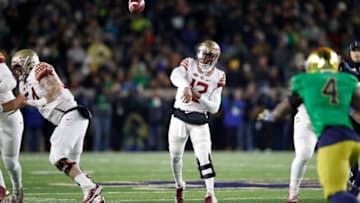 SOUTH BEND, IN - NOVEMBER 10: Deondre Francois #12 of the Florida State Seminoles throws a pass against the Notre Dame Fighting Irish in the second quarter of the game at Notre Dame Stadium on November 10, 2018 in South Bend, Indiana. (Photo by Joe Robbins/Getty Images)