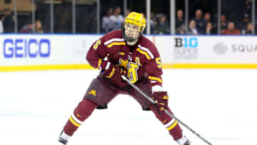 NEW YORK, NY - JANUARY 20: Minnesota Golden Gophers defenseman Ryan Lindgren (5) skates during the third period of the Big Ten Super Saturday College Ice Hockey Game between the Minnesota Golden Gophers and the Michigan State Spartans on January 20, 2018, at Madison Square Garden in New York City, NY. (Photo by Rich Graessle/Icon Sportswire via Getty Images)