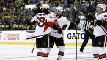 BOSTON, MA - APRIL 17: Ottawa Senators center Derick Brassard (19) congratulates Ottawa Senators left wing Mike Hoffman (68) on his second goal of the game during Game 3 of a first round NHL playoff game between the Boston Bruins and the Ottawa Senators on April 17, 2017, at TD Garden in Boston, Massachusetts. The Senators defeated the Bruins 4-3 (OT). (Photo by Fred Kfoury III/Icon Sportswire via Getty Images)