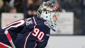 Mar 3, 2023; Columbus, Ohio, USA; Columbus Blue Jackets goaltender Elvis Merzlikins (90) looks on during warm-ups prior to the game against the Seattle Kraken at Nationwide Arena. Mandatory Credit: Jason Mowry-USA TODAY Sports